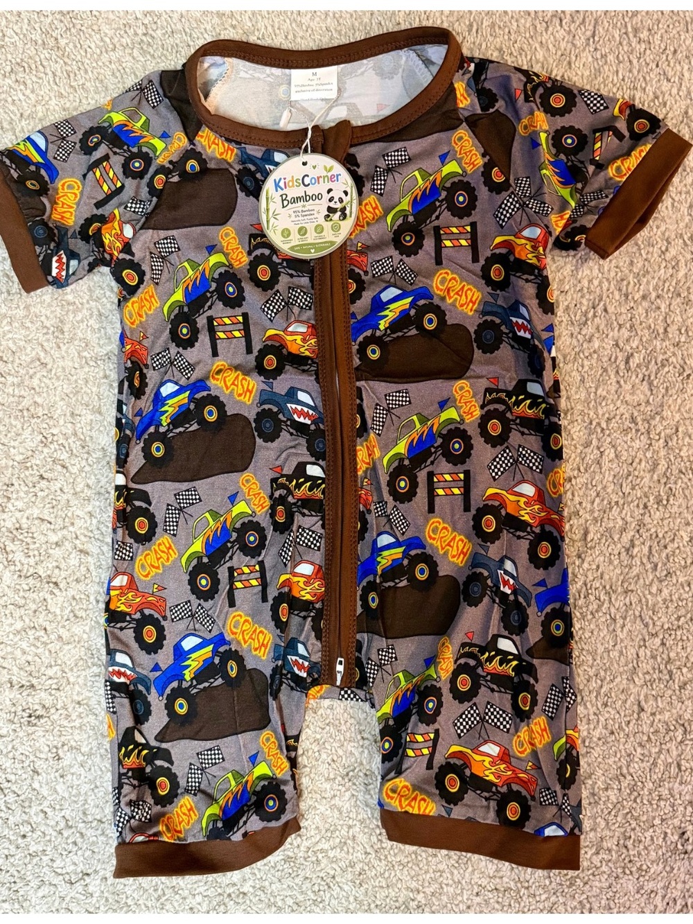 NWT Kids Corner Bamboo Monster Truck Short Sleeve One-Piece Shortie Romper 3T